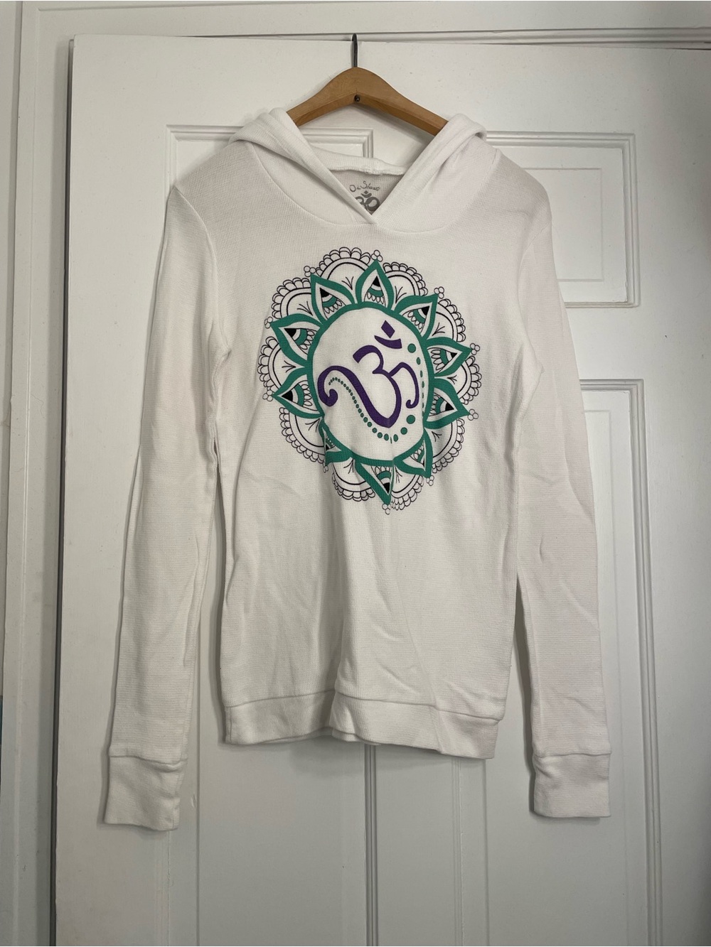 White Hooded Women's Om Shanti yoga waffle shirt  with Green & Purple Mandala